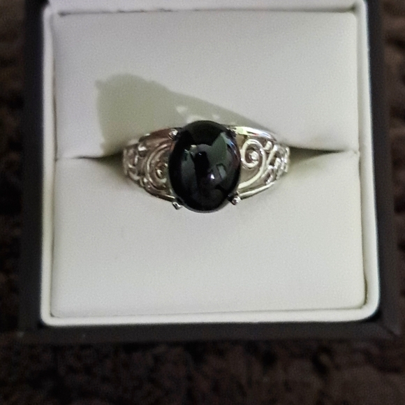 Black Cat's Eye Solitaire Ring In Platinum Over 925 Sterling Silver - Picture 1 of 5